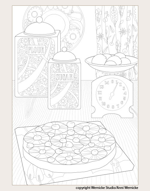 Sample page of coloring book for adults with cake on vintage counter